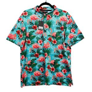 Yatta Golf  Flamingo Floral Polo Hawaiian Shirt Size Medium